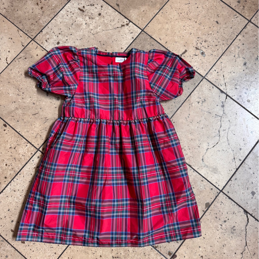 🌸Vineyard Vines Red Plaid Puff-Sleeve Girls Dress